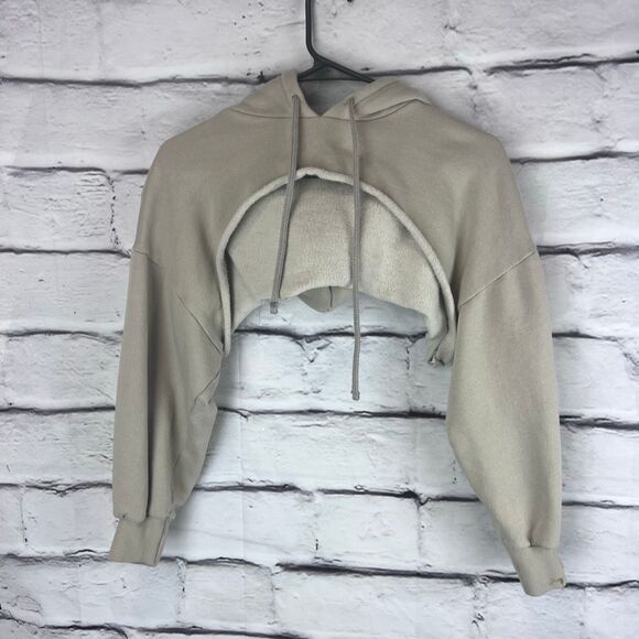 Zara Cropped Hoodie Sweatshirt Beige Taupe Boxy Pullover Size M - Picture 2 of 9